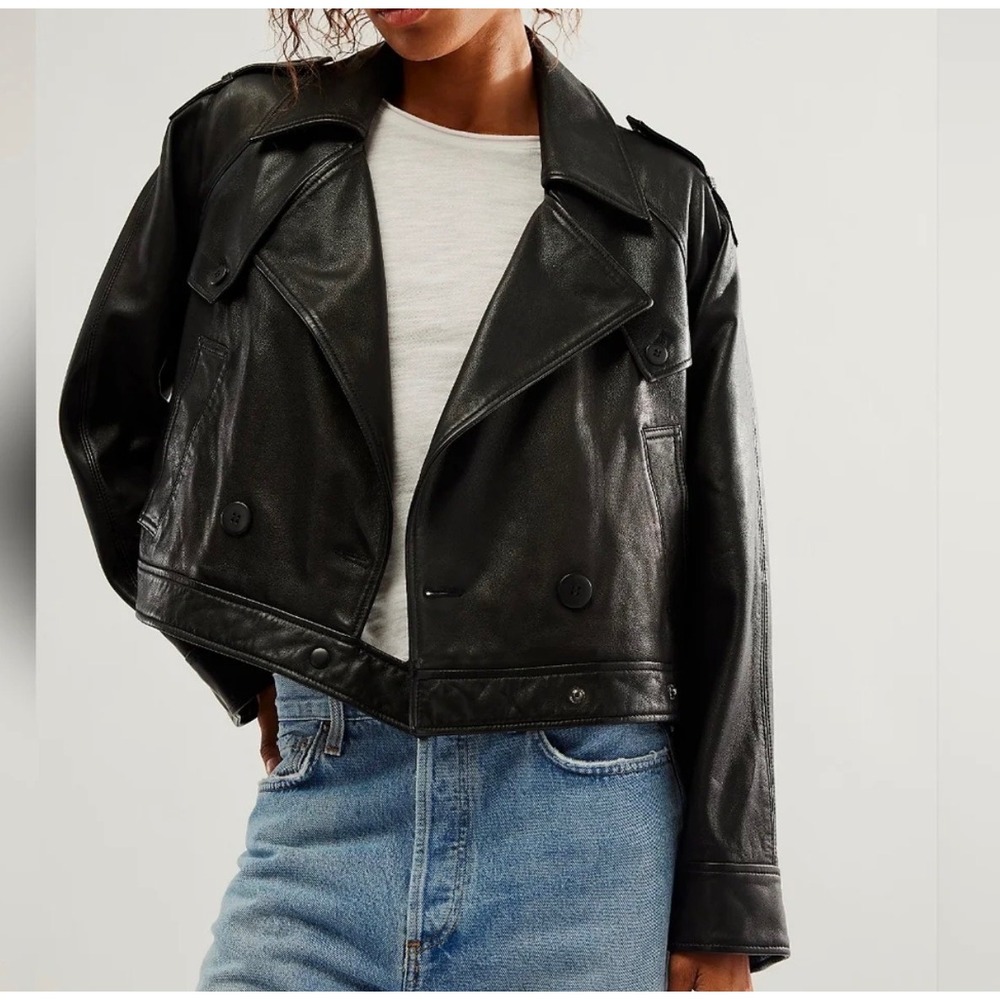 Free People NWT "Modern Chemistry" Black 100% Lamb Leather Jacket Size Large